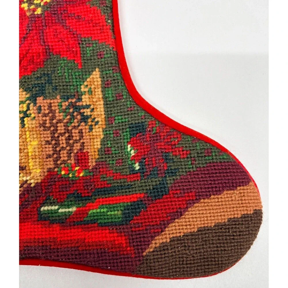 Vtg Wool Needle Point Christmas Stocking Red Velvet Poinsettias Oil Lamp